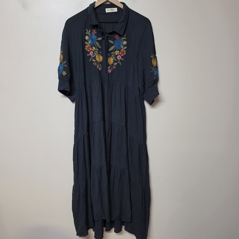 Natural Life Rebecca Embroidered Midi Dress - Charcoal Sz L Boho Chic Oversized